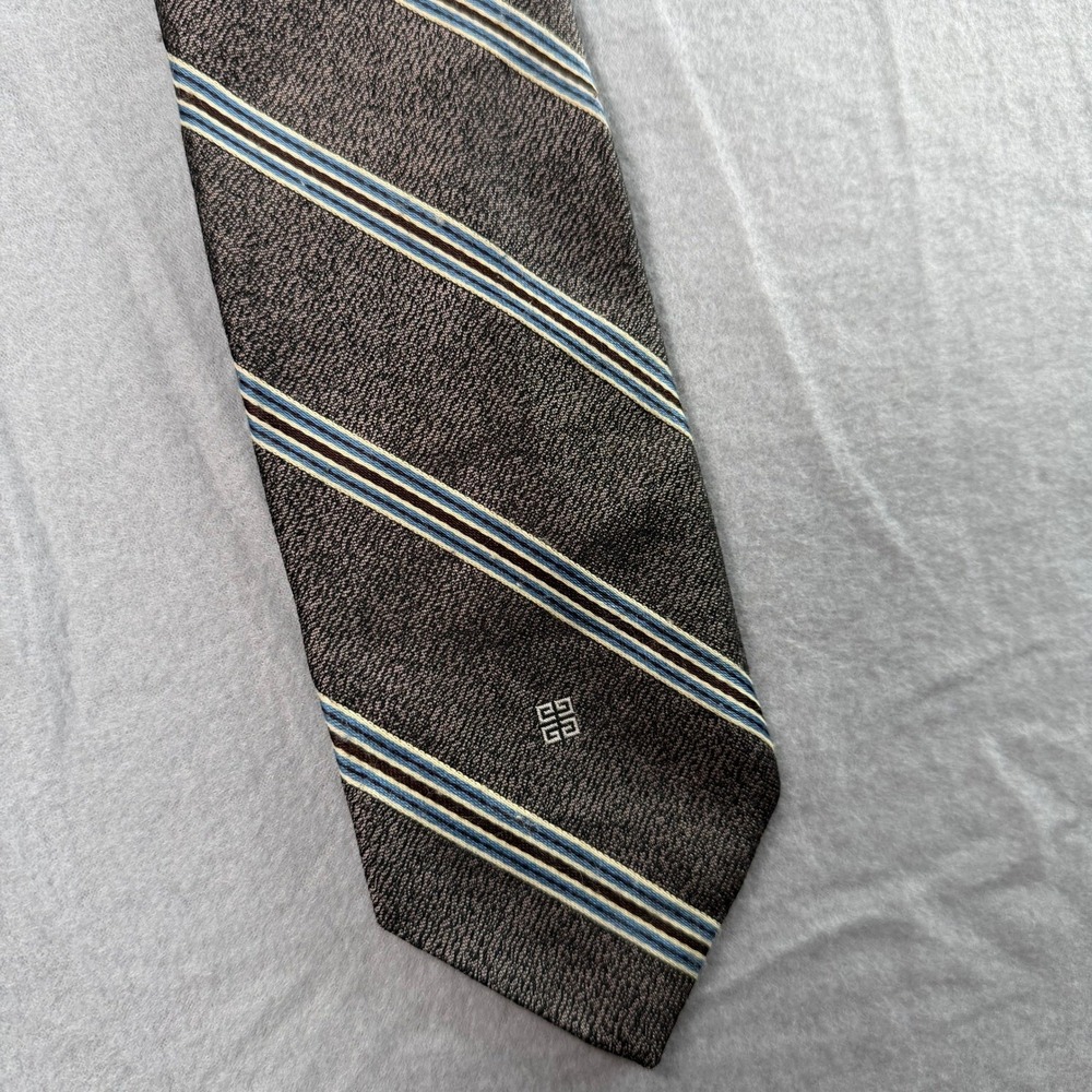 Givenchy Monsieur Designer Tie Mens OS Brown Blue Striped Silk 4G Logo Necktie
